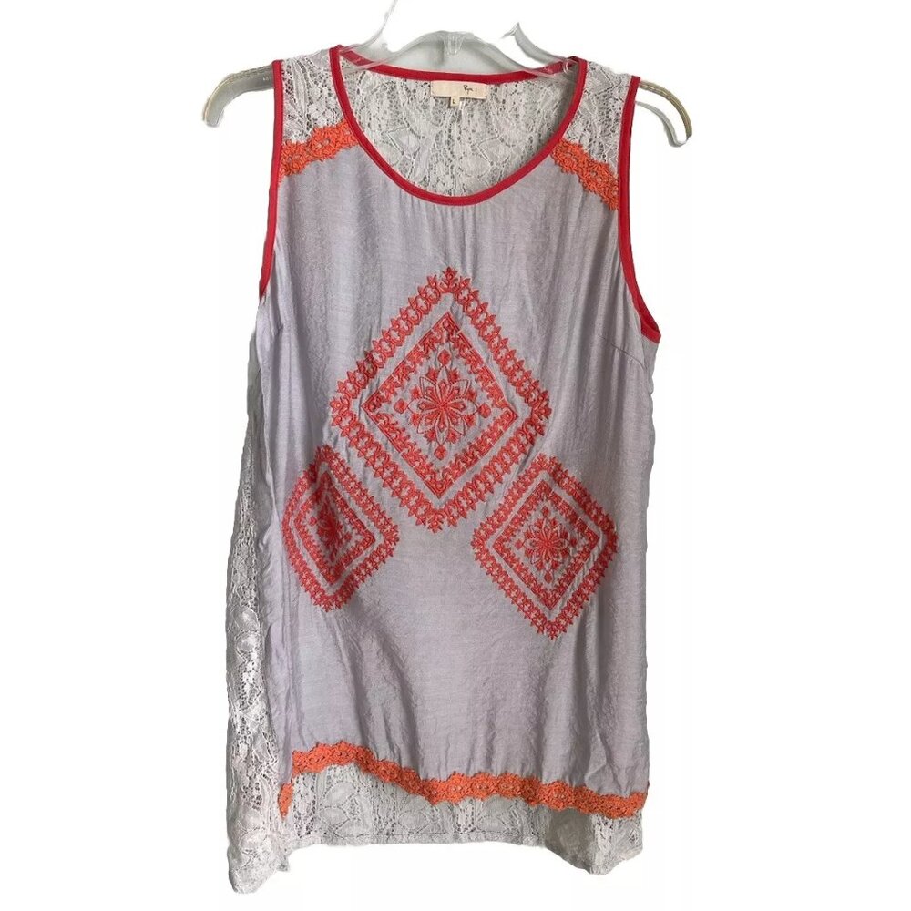 Ryu Anthropologie Gray Orange Embroidered Sheer Lace Tank